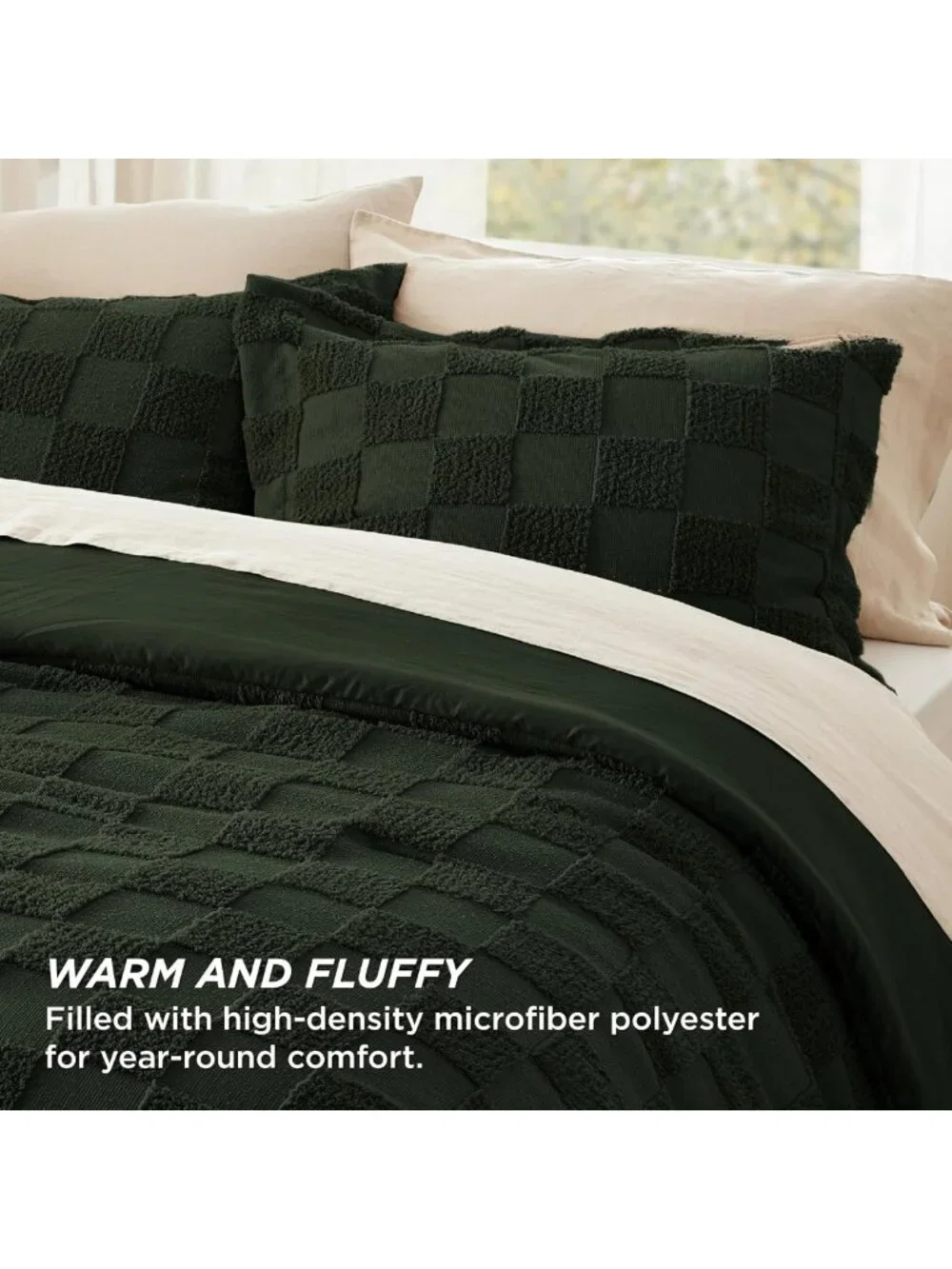 Cozy Dark Olive Green Queen Comforter Set, Boho Plaid 3-Piece Bedding Ensemble